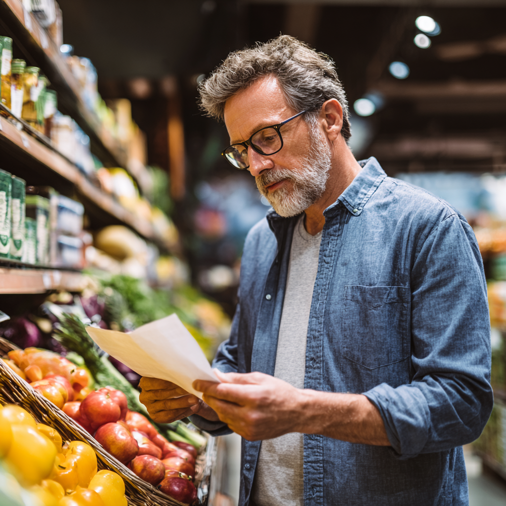 50 years old adult carefully reading nutrition label while shopping for healthy ingredients