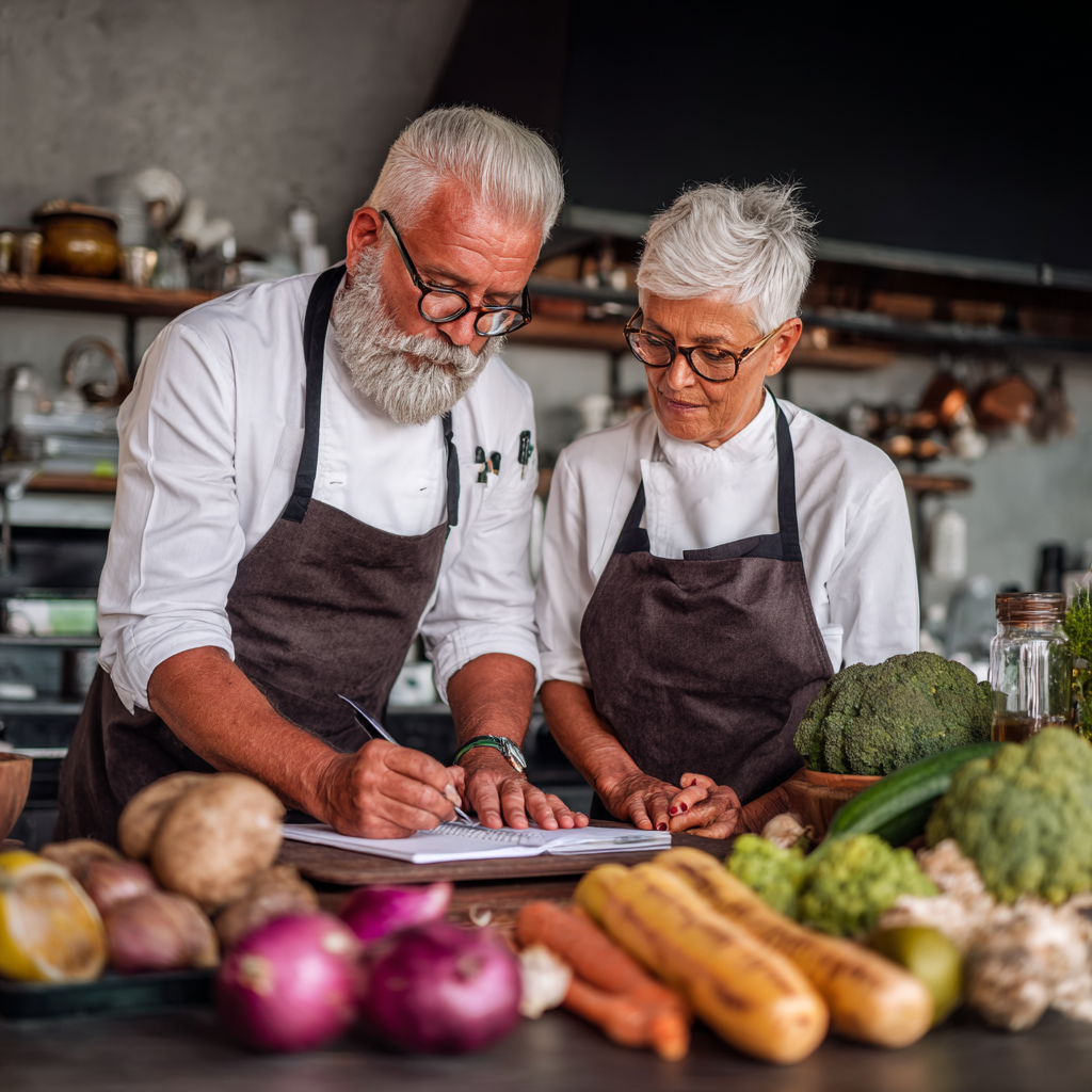 team of 52 years old nutritionists and chefs working together on meal planning